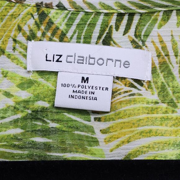 Liz Claiborne Top Womens M Green Tropical Palm Leaves Chiffon Sleeveless Button - Picture 4 of 8